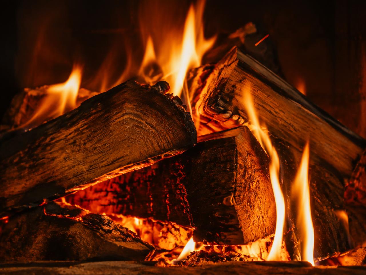 Bûches de bois de chauffage devant un foyer